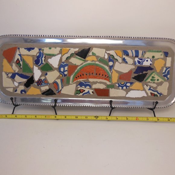 Serving tray, metal tray with tile mosaic water melon mosaic tray, 24 in. X 7 in - Picture 3 of 12